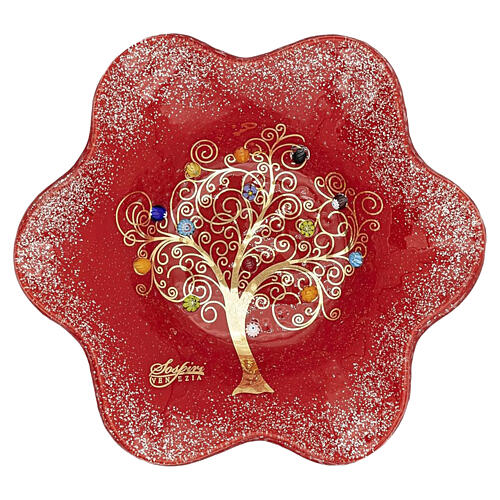 Tigela vermelha em vidro de Murano formato floral 19x19 cm com decoração Árvore da Vida 1