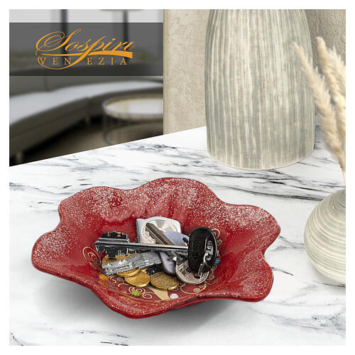 Red Murano Glass Flower Bowl with Tree of Life Decoration, 20x20 cm 5
