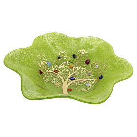 Green Murano glass flower bowl with Venetian Tree of Life motif, 7.5x7.5 in