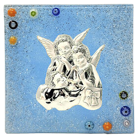 Quadretto angeli in vetro di Murano per battesimo colore azzurro 