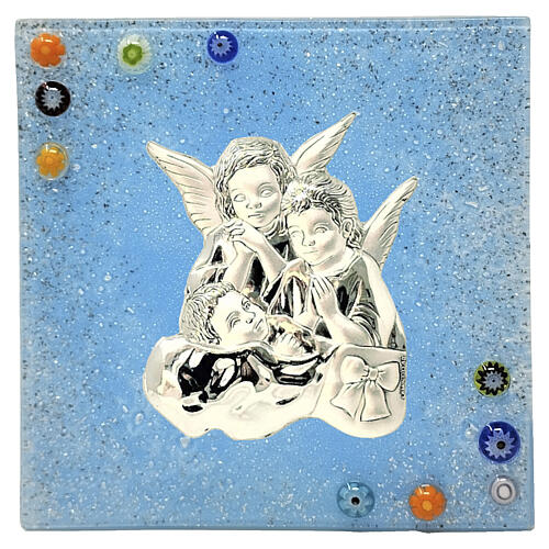 Quadretto angeli in vetro di Murano per battesimo colore azzurro  1