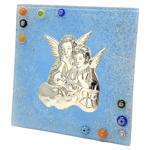 Quadretto angeli in vetro di Murano per battesimo colore azzurro  2