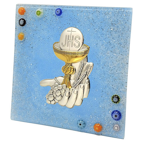Bildtafel aus Murano-Glas – Erstkommunionsymbole, hellblau, 10 x 10,5 cm 3