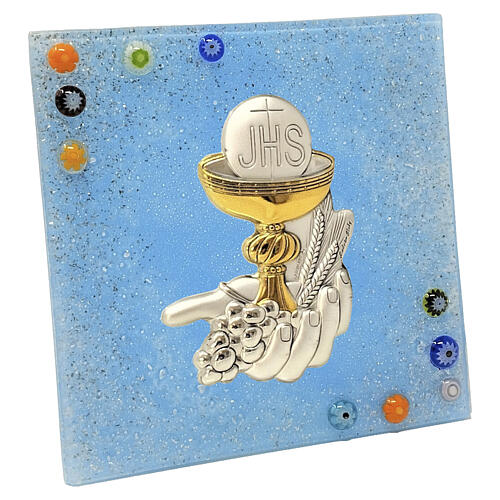 First Communion icon with blue Murano glass chalice 2