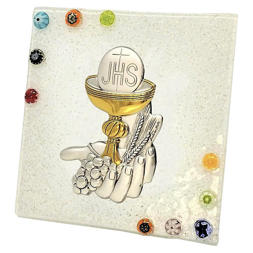 Petit tableau Première Communion blanc en verre de Murano avec calice et hosties 2