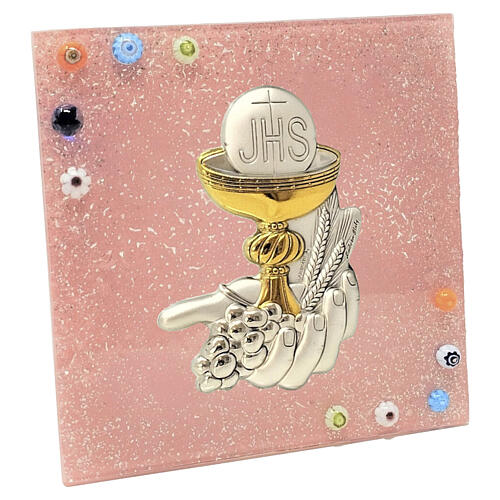 Bildtafel aus Murano-Glas – Erstkommunionsymbole, rosa, 10 x 10,5 cm 3