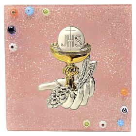 Ikona ze szkła Murano, różowa, z kielichem, na Pierwszą Komunię Świętą