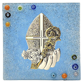 Small Picture for Confirmation in Blue Murano Glass with Crozier and Mitre