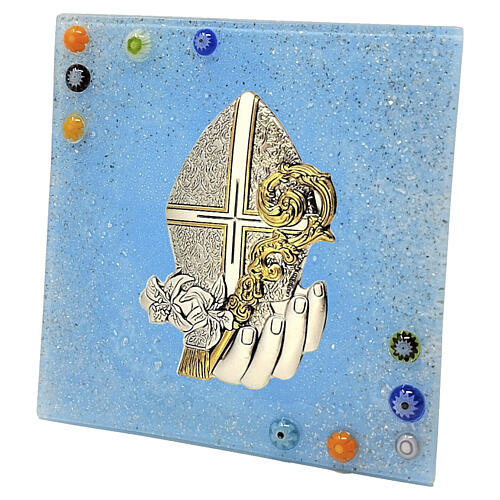 Small Picture for Confirmation in Blue Murano Glass with Crozier and Mitre 3