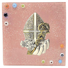 Cuadrito rosa para Confirmación en vidrio de Murano con báculo y mitra