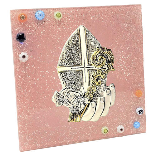 Tableau rose pour Confirmation en verre de Murano avec crosse épiscopale et mitre 3