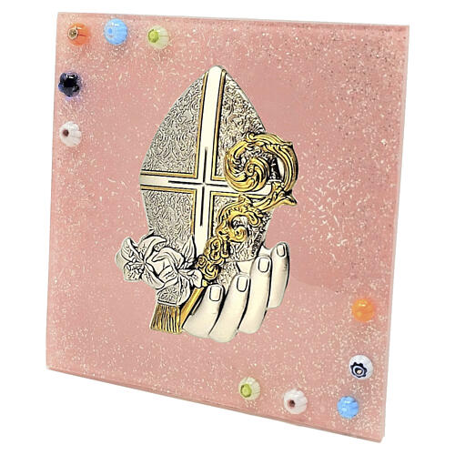 Pink Confirmation Small Picture in Murano Glass with Bishop's Crosier and Mitre 2
