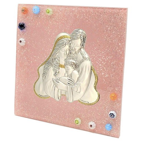Small pink wedding picture in Murano glass with the Holy Family 2