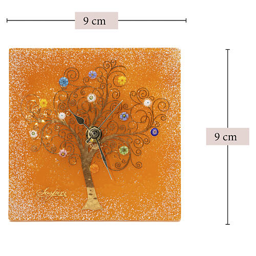Zegar do postawienia kwadratowy z murrinami Murano, Drzewo Życia, pomarańczowy, 9,5×9,5 cm 3