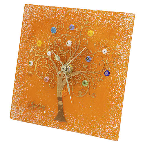 Relógio de mesa quadrado em vidro de Murano com murrine Árvore da Vida laranja 10x10 cm 4