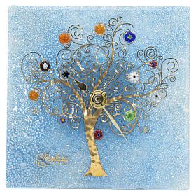 Horloge de table carrée bleue en verre de Murano avec Arbre de Vie et murrines, 10x10 cm