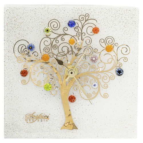 White Murano Glass Table Clock with Multicolored Murrine and Tree of Life, 9.5x9.5 cm 1
