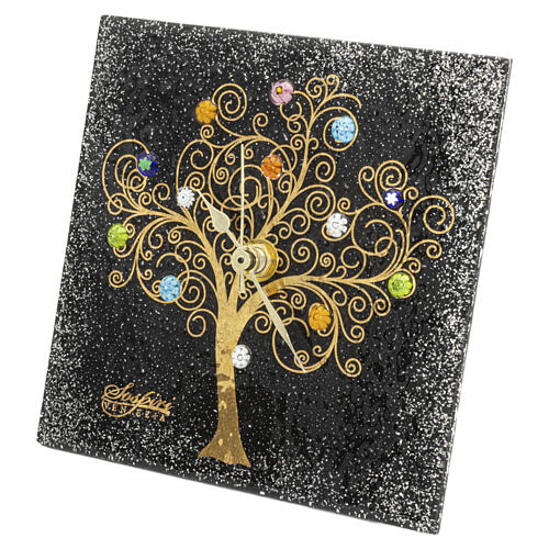 Relógio de mesa quadrado preto com murrinas em vidro de Murano e Árvore da Vida 10x10 cm 4