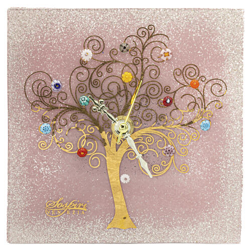 Reloj de mesa cuadrado rosa vidrio Murano Árbol de la Vida y murrinas coloridas 10x10cm 1