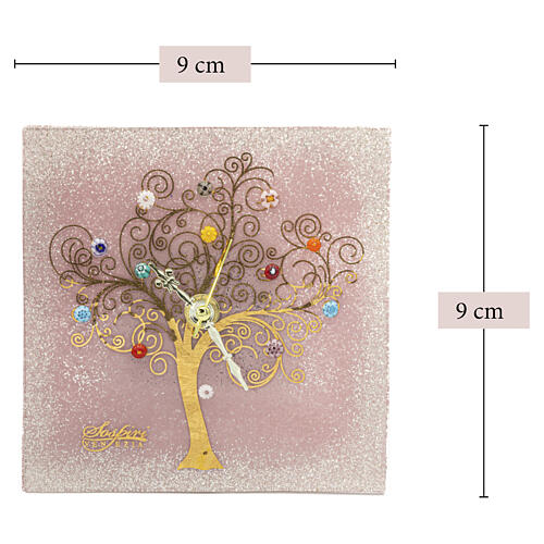 Reloj de mesa cuadrado rosa vidrio Murano Árbol de la Vida y murrinas coloridas 10x10cm 3
