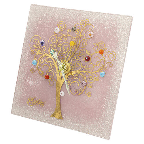 Pink square Murano glass tabletop clock with Tree of Life and colored murrine, 9.5 x 9.5 cm 4
