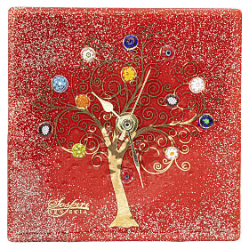 Square red Murano murrine table clock with Tree of Life in 24k gold, 9.5x9.5 cm