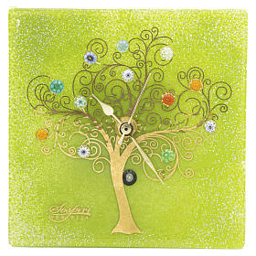 Square Murano glass table clock with green murrine and gilded Tree of Life, 3.5x3.5 in