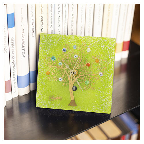 Orologio da tavolo quadrato verde murrine vetro di Murano Albero della Vita dorato 10x10 cm 2