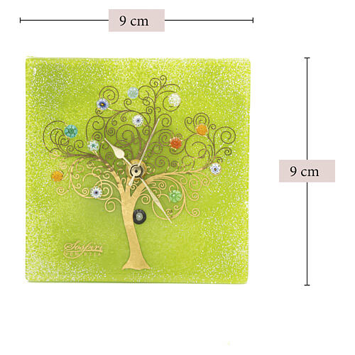 Relógio de mesa quadrado com murrinas verdes em vidro de Murano e Árvore da Vida dourada 10x10 cm 3