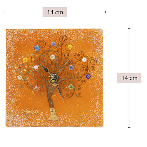 Square Murano glass desk clock with Tree of Life and murrine, orange, 6x6 in 3