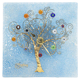 Blue Murano Glass Table Clock with Tree of Life, 14.5x14.5 cm