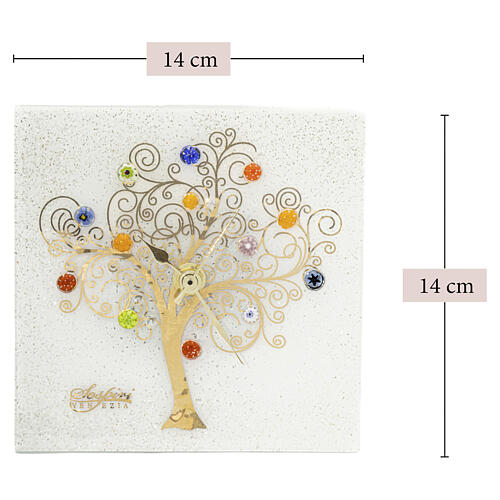 Horloge de table carrée blanche avec verre de Murano et Arbre de Vie 15x15 cm 3