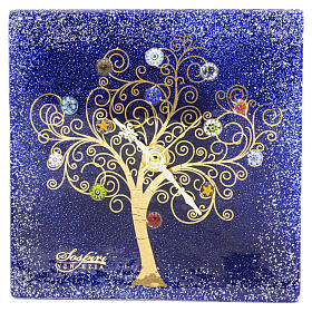 Relógio de mesa quadrado em vidro de Murano azul com Árvore da Vida central 15x15 cm
