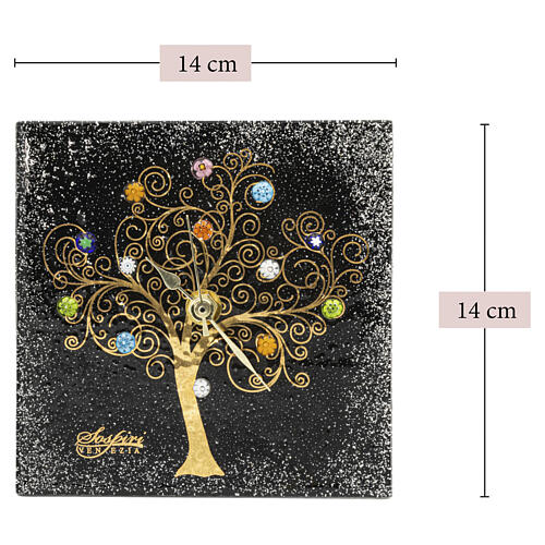 Reloj de mesa cuadrado negro vidrio de Murano Árbol de la Vida dorado 15x15 cm 3