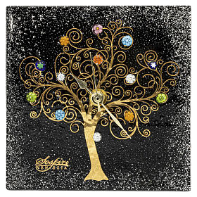 Black Murano glass square table clock with gilded Tree of Life, 15x15cm