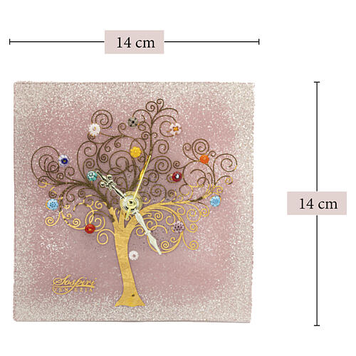 Orologio da tavolo quadrato rosa vetro di Murano motivo Albero della Vita 15x15cm 3