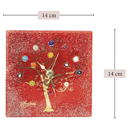 Relógio de mesa quadrado vermelho em vidro de Murano com decoração Árvore da Vida 15x15 cm 3