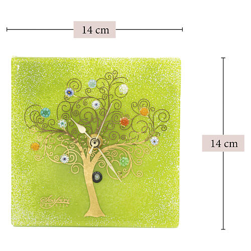 Reloj de mesa cuadrado verde vidrio de Murano con Árbol de la Vida dorado 15x15cm 3