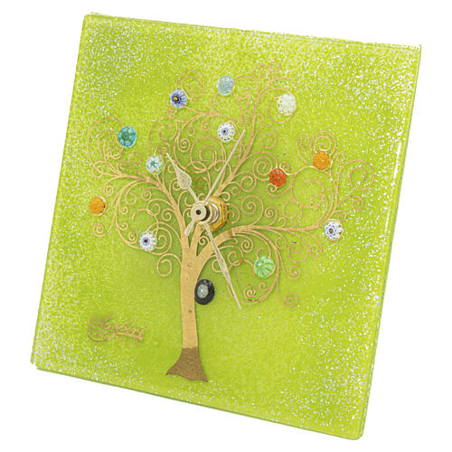 Reloj de mesa cuadrado verde vidrio de Murano con Árbol de la Vida dorado 15x15cm 4