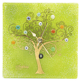 Square Green Murano Glass Table Clock with Gold Tree of Life, 15x15 cm