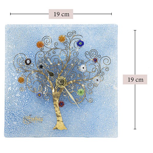 Reloj de mesa vidrio de Murano azul cuadrado con Árbol de la Vida 20x20 cm 3