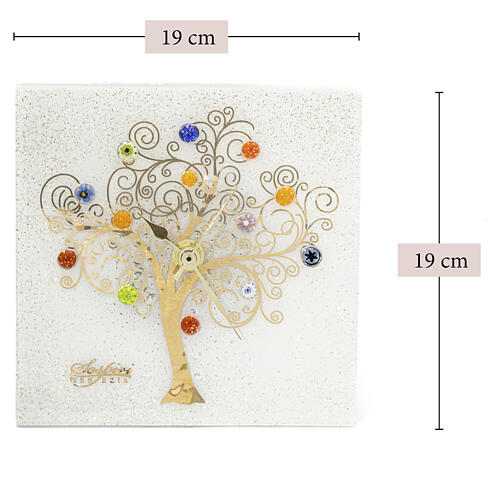 Square table clock in white Murano glass with gold Tree of Life, 8x8 in 3
