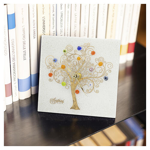 Relógio de mesa quadrado em vidro de Murano branco com Árvore da Vida dourada 20x20 cm 2