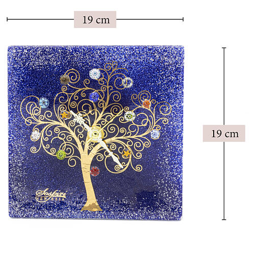 Square Murano glass table clock with Tree of Life, blue, 7.5x7.5 in 3
