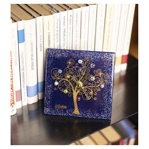Square Murano Glass Table Clock in Blue with Tree of Life, 20 x 20 cm 2