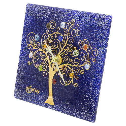 Square Murano Glass Table Clock in Blue with Tree of Life, 20 x 20 cm 4