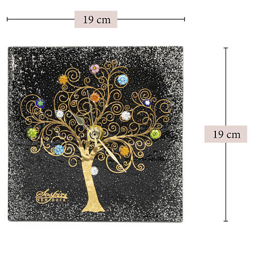 Horloge de table carrée en verre de Murano noir avec Arbre de Vie doré 20x20 cm 3