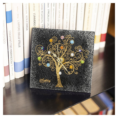Square Black Murano Glass Table Clock with Gilded Tree of Life, 19x19 cm 2
