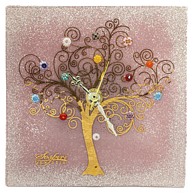 Pink square Murano glass table clock with Tree of Life motif, 7.5x7.5 in