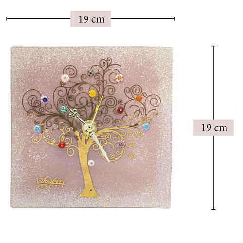 Horloge de table carrée en verre de Murano rose motif Arbre de Vie 20x20 cm 3